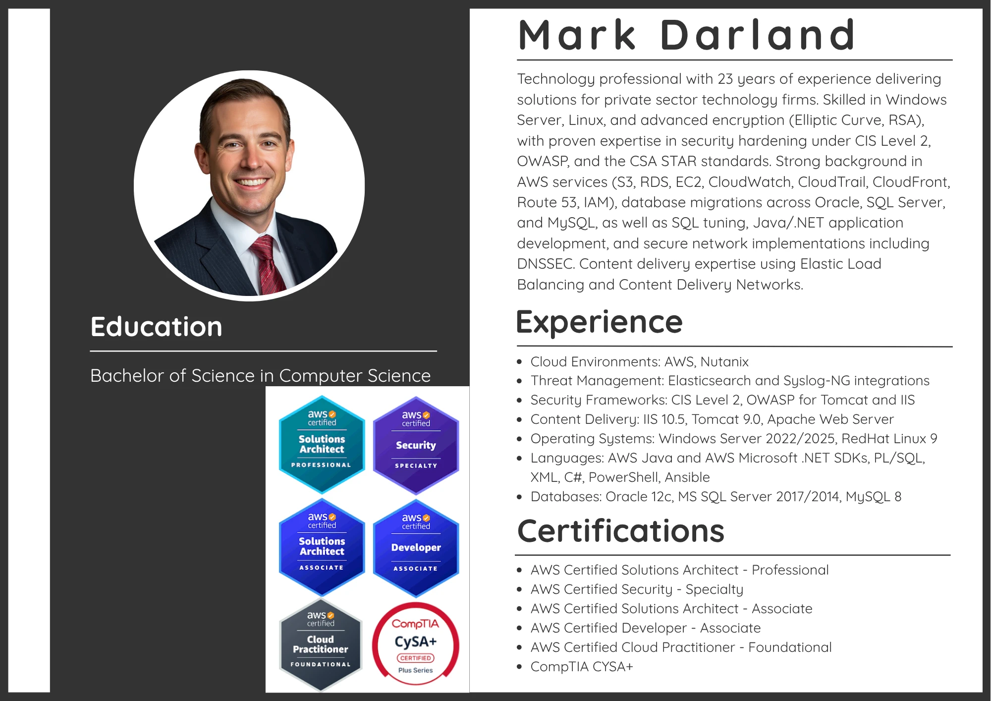 Mark Darland encryption and data security resume with AWS and CompTIA certifications